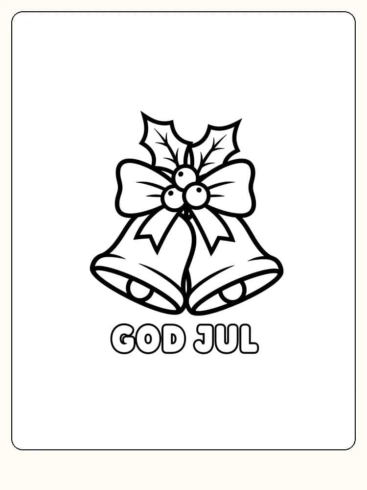Färglägg Bjällror med röd sløyfa och God Jul - TegnOgFarge.no